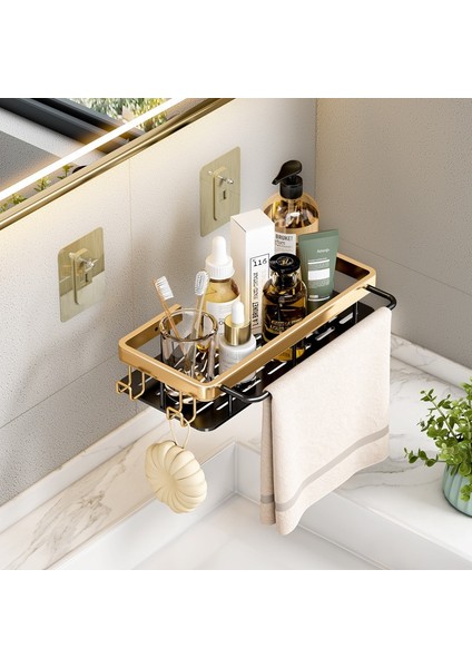 Siyah Kancalı Sondajsız Banyo Depolama Rafları Duvara Montaj Köşe Raf Duş Depolama Tutucu Şampuan Organizatör Banyo Aksesuarları Setleri (Yurt Dışından) fırsatları