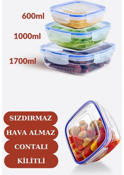 Sızdırmaz Hava Almaz Contalı Kilitli Kare Saklama Kabı 3’lü Set (600ML,1000ML,1700ML)