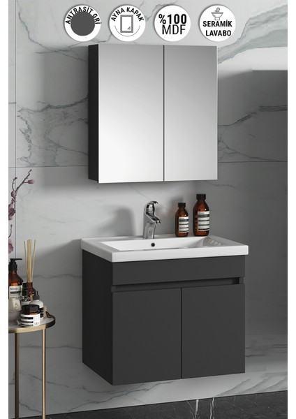 Çiğdem 65 cm Antrasit Gri Mat Mdf Seramik Lavabolu Asma Banyo Dolabı Takımı