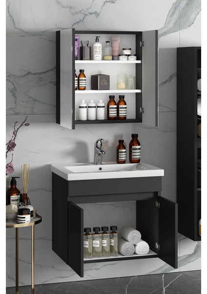 Çiğdem 65 cm Antrasit Gri Mat Mdf Seramik Lavabolu Asma Banyo Dolabı Takımı modelleri
