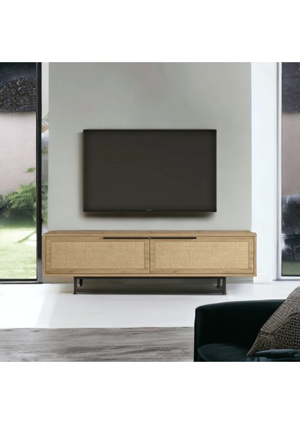 Leena 160CM Tv Ünitesi Sehpası Metal Ayaklı Uv Baskı Sepet-Jüt La1-Su