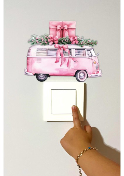 Yeni Yıl Vintage Pembe Minibüs Yılbaşı Kış Konseptli Sticker Yılbaşı Süsü Noel Kış Konseptli Priz