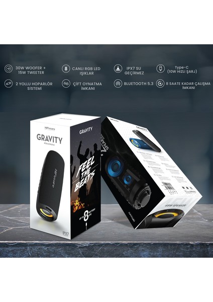 Gravity RGB Aydınlatmalı Bluetooth 5.3 IPX7 Su Geçirmez 4000mAh Batarya 45W Taşınabilir Stereo TWS Hoparlör Mavi