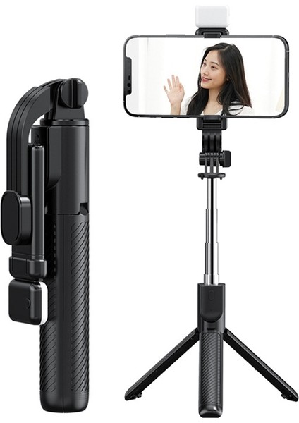 Dolgu Işığına Sahip Selfie Çubuğu Tripod, Çıkarılabilir Kablosuz (Siyah) (Yurt Dışından)