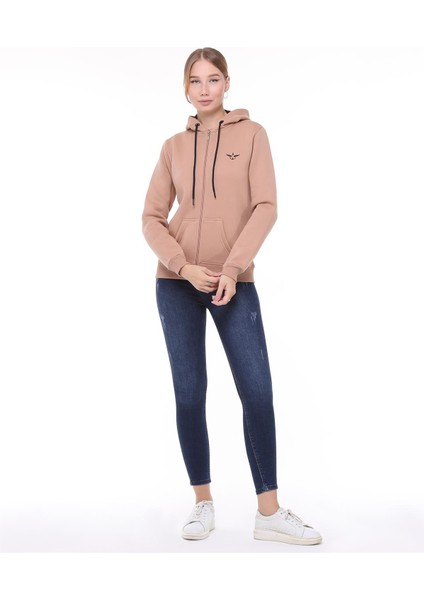 Kadın Sweatshirt Kapüşonlu Fermuarlı Bej