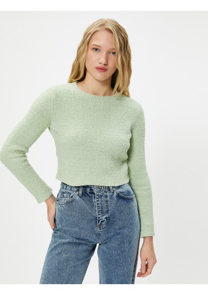 Basic Peluş Crop Kazak Uzun Kollu Yuvarlak Yaka modelleri