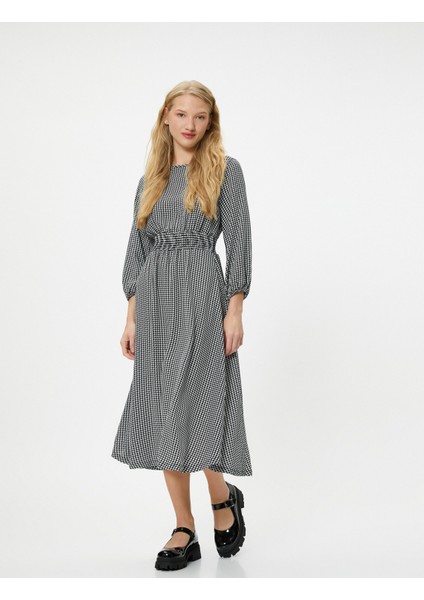 Kışlık Elbise Maksi Boy Uzun Kollu Yuvarlak Yaka Gipe Detaylı Kazayağı Desenli