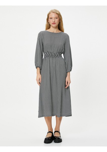 Kışlık Elbise Maksi Boy Uzun Kollu Yuvarlak Yaka Gipe Detaylı Kazayağı Desenli modelleri