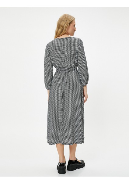 Kışlık Elbise Maksi Boy Uzun Kollu Yuvarlak Yaka Gipe Detaylı Kazayağı Desenli fırsatları