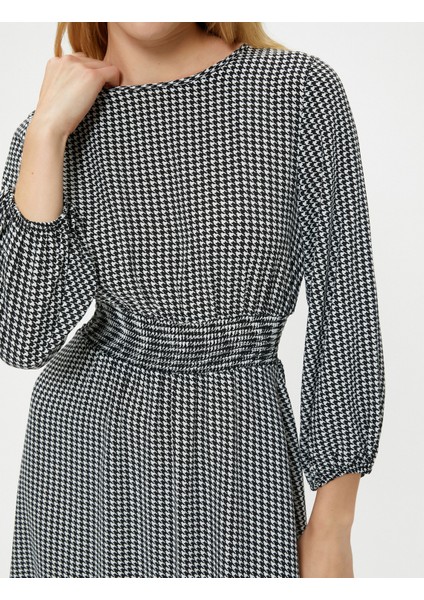 Kışlık Elbise Maksi Boy Uzun Kollu Yuvarlak Yaka Gipe Detaylı Kazayağı Desenli indirimleri