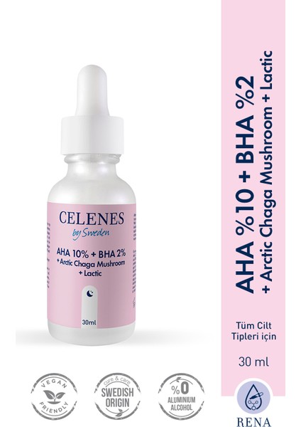 Celenes Aha 10 + Bha 2 + Arctic Chaga Mushroom + Lactic Yüz Serumu