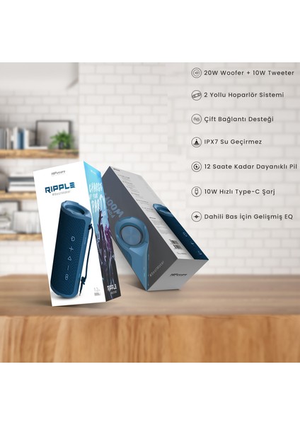 Ripple Kablosuz Bluetooth 5.3 IPX7 Su Geçirmez 4000mAh Batarya 30W Taşınabilir Stereo TWS Hoparlör Kırmızı