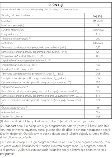 KM 96201 9 kg Kurutma Makinesi