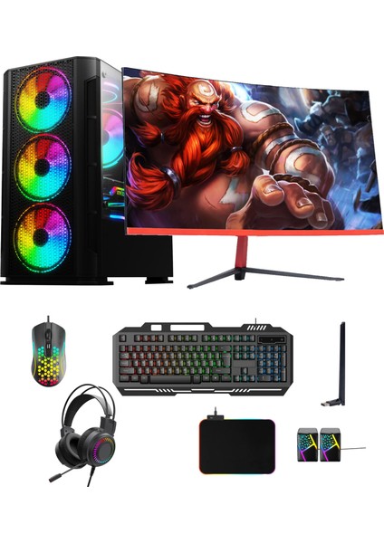 TK105 İ3-12100F 16GB Ram 240GB SSD 500GB HDD RX580 8gb 23.6inç Curved Monitör Gaming Pc