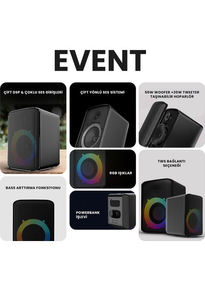 Event Bluetooth IPX4 Su Geçirmez RGB Aydınlatmalı BT/AUX/USB Mikrofon Özellikli Taşınabilir 80W Stereo Hoparlör Siyah