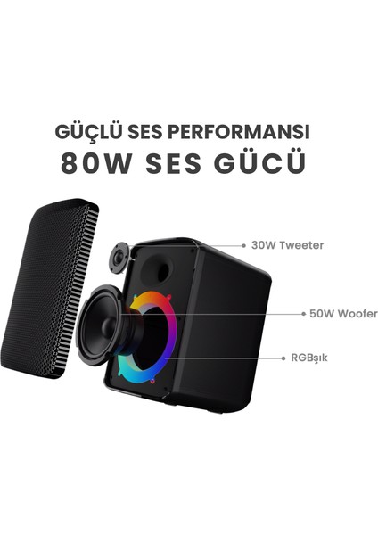 Event Bluetooth IPX4 Su Geçirmez RGB Aydınlatmalı BT/AUX/USB Mikrofon Özellikli Taşınabilir 80W Stereo Hoparlör Siyah