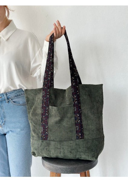 Tasarım Kadife Tote Çanta Shopping Bag Kadın Hâkî