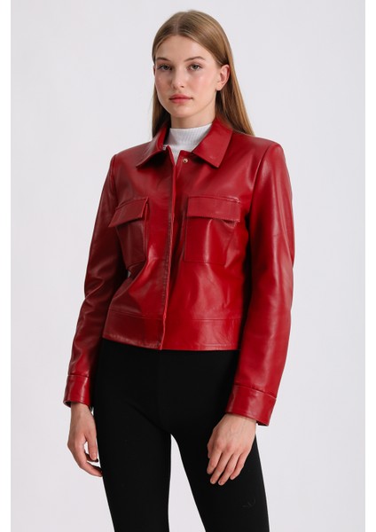 Kırmızı Gömlek Yaka Deri Mont