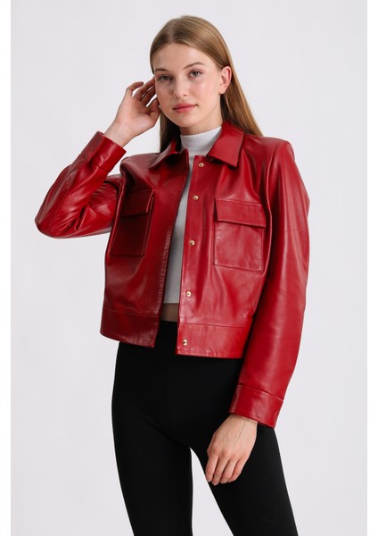 Kırmızı Gömlek Yaka Deri Mont fiyatları