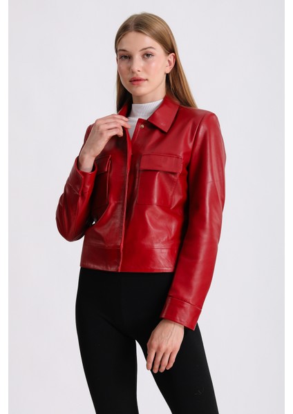 Kırmızı Gömlek Yaka Deri Mont modelleri