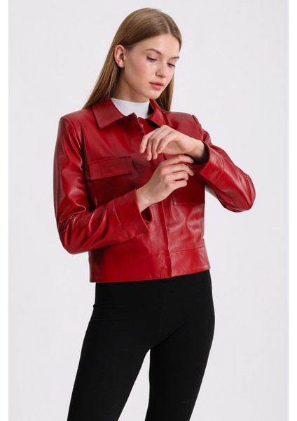 Kırmızı Gömlek Yaka Deri Mont indirimleri