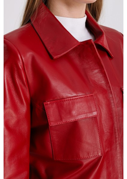 Kırmızı Gömlek Yaka Deri Mont