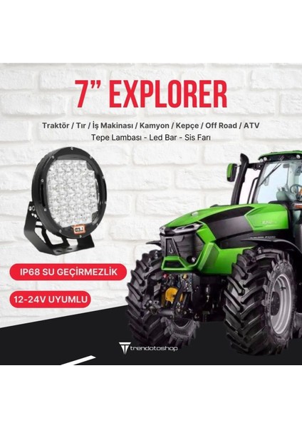 7''explorer 96W 32 LED Siyah Traktör LED Lamba, Sis Farı ve Çalışma Lambası 1 Adet