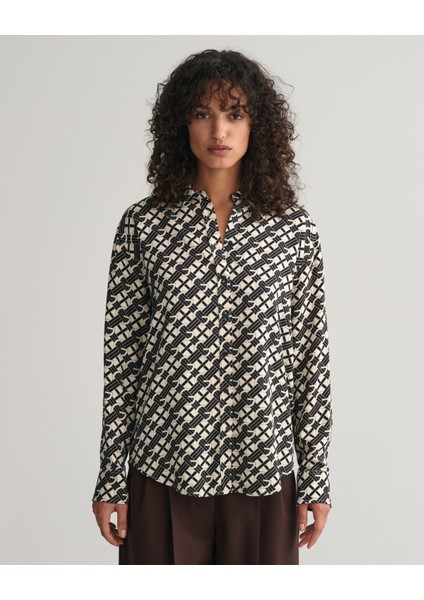 Kadın Bej Relaxed Fit Klasik Yaka Desenli Gömlek 4300248.116