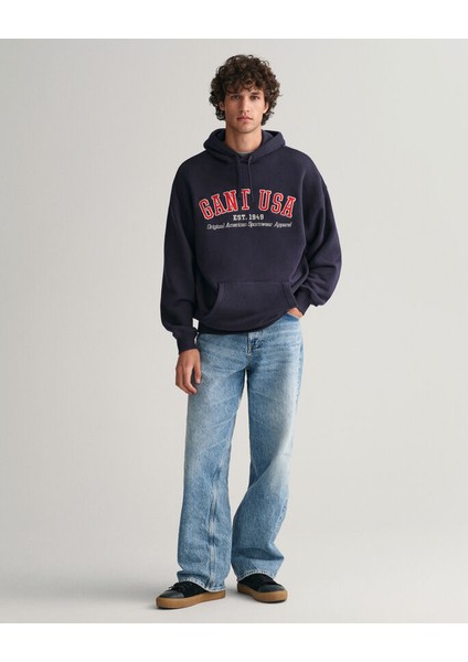 Erkek Lacivert Relaxed Fit Kapüşonlu Logolu Sweatshirt 2007068.433