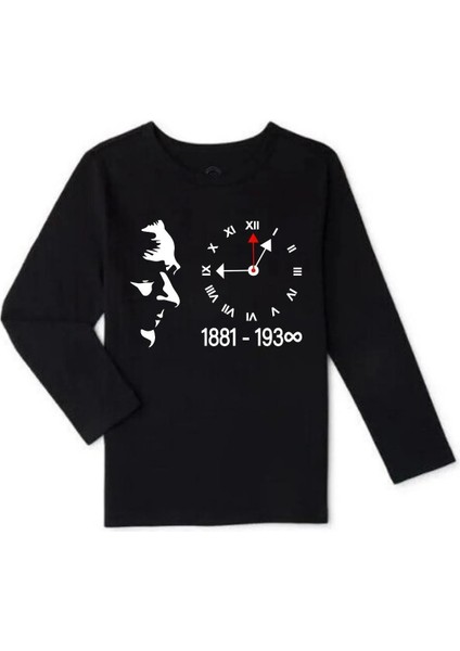 10 Kasım Atatürklü Uzun Kollu Siyah Tshirt  10 Kasım Atatürk Baskılı Sweat Unisex Siyah Pamuklu