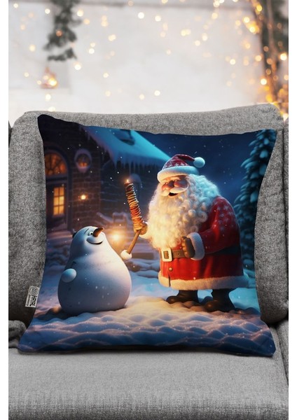 Yılbaşı Temalı Noel Baba ve Kardan Adam Fotoğraflı Dijital Baskılı Dekoratif Kırlent - Yastık Kılıfı
