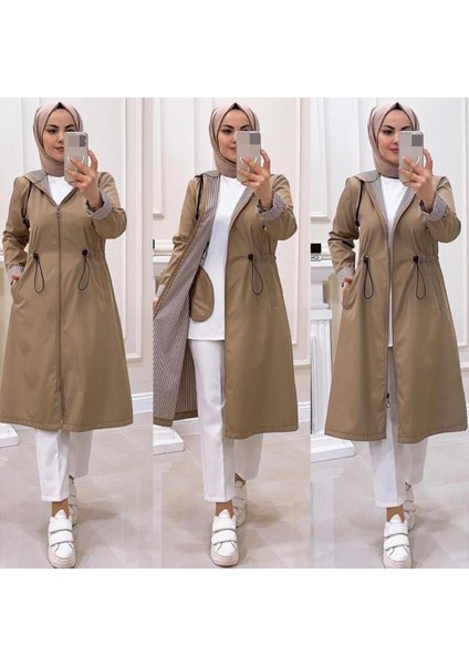 Bej Içi Çizgili ve Kendinden Astarlı Su Geçirmez Kadın Trençkot modelleri