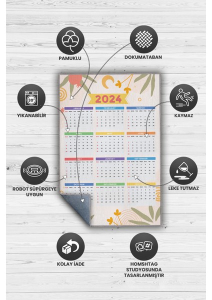 Yeni Yıl Takvimi Krem Renkli Yeni Yıl Parti Halısı Minimal Yılbaşı Temalı Hediyelik Halı