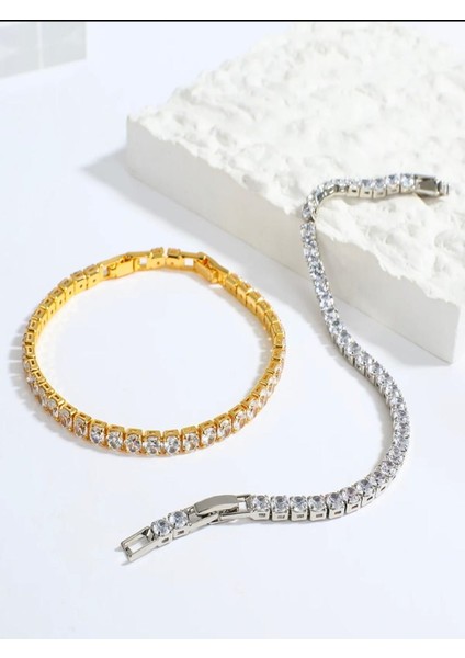 Kadın Zirkon Taşlı Gold Renk Çelik Su Yolu Bileklik-4mm indirimleri