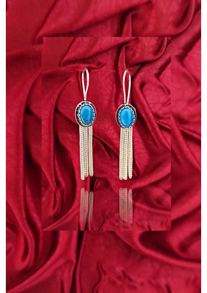 Firuze Taşlı Midyat Hasırı Gümüş Küpe Zincirli Kadın Küpesi 925 Ayar KUPE-173