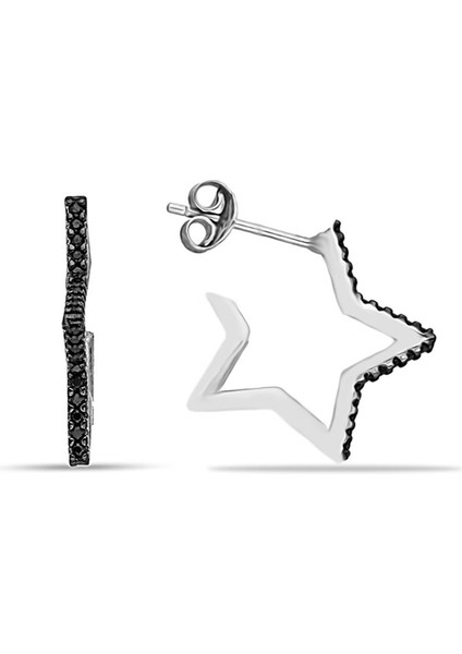 Gümüş Siyah Taşlı Yıldız Modeli Kadın Küpesi Rodyumlu 925 Ayar KUPE-482