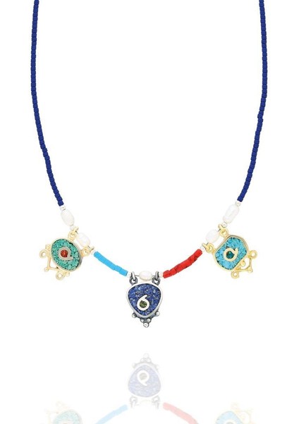 Mozaik İşlemeli Otantik Gümüş Kolye Taşlı Kadın Tasarım Kolye UC-366