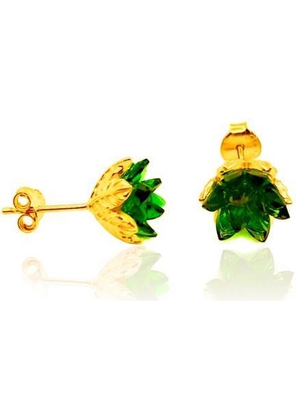 Lotus Çiçeği Küpe Zümrüt Taşlı Sarı Yaldızlı Gümüş Kadın Küpe KUPE-412