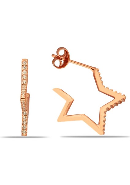 Yıldız Modeli Gümüş Küpe Taşlı Rose Vidalı Gümüş Kadın Küpesi KUPE-291