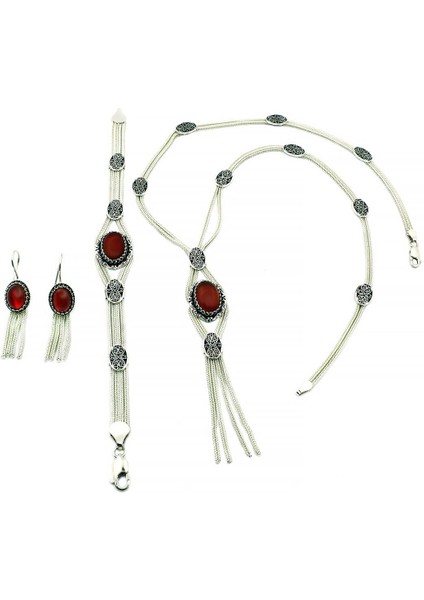 Akik Taşlı Midyat Hasırı 925 Ayar Gümüş Takım Kadın Kolye Bileklik Küpe Set TKM-201