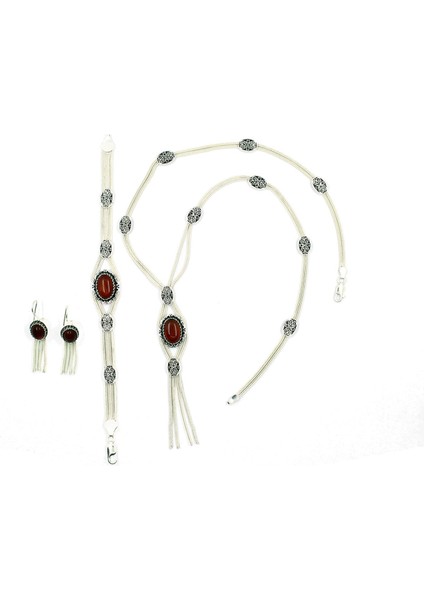 Akik Taşlı Midyat Hasırı 925 Ayar Gümüş Takım Kadın Kolye Bileklik Küpe Set TKM-201 fiyatları