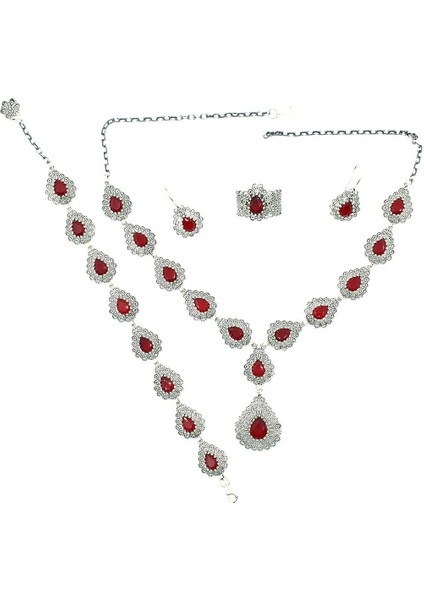 Kök Yakut Taşlı Telkari Gümüş Takım Kolye Bileklik Küpe Üçlü Set TKM-204