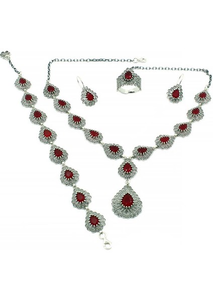 Kök Yakut Taşlı Telkari Gümüş Takım Kolye Bileklik Küpe Üçlü Set TKM-204 fiyatları