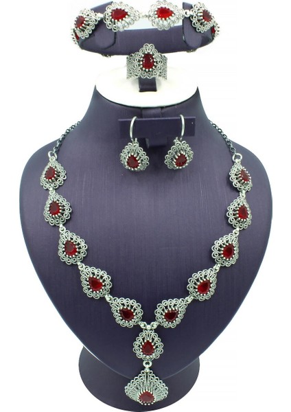 Kök Yakut Taşlı Telkari Gümüş Takım Kolye Bileklik Küpe Üçlü Set TKM-204 modelleri