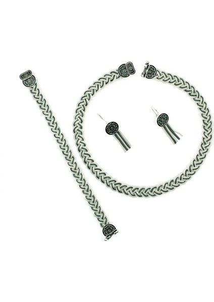 Kadın Midyat Hasırı Gümüş Takım Küpe Bileklik Kolye Set Oksitli Örgülü Takım TKM-207