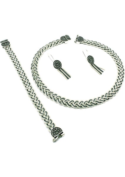 Kadın Midyat Hasırı Gümüş Takım Küpe Bileklik Kolye Set Oksitli Örgülü Takım TKM-207 fiyatları