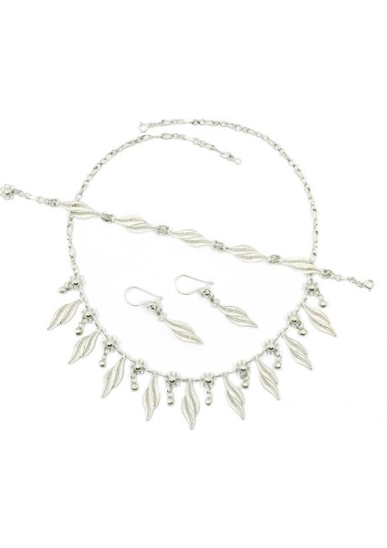 Midyat Telkari El Yapımı Gümüş Takım Kolye Bilezik Küpe Taşsız Kadın Üçlü Set TKM-215