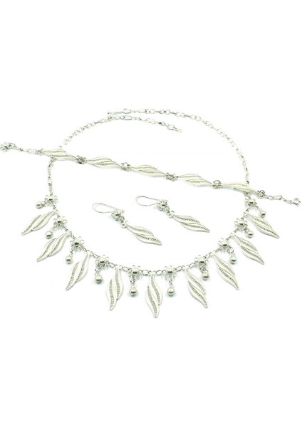 Midyat Telkari El Yapımı Gümüş Takım Kolye Bilezik Küpe Taşsız Kadın Üçlü Set TKM-215 fiyatları