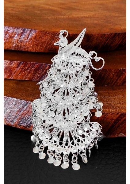 925 Ayar Gümüş Broş Tavus Kuşu Modeli Kadın Yaka İğnesi BRS-162