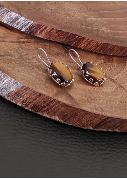 Kaplan Gözü Taşlı Küpe Otantik Gümüş Bayan Küpesi KUPE-392